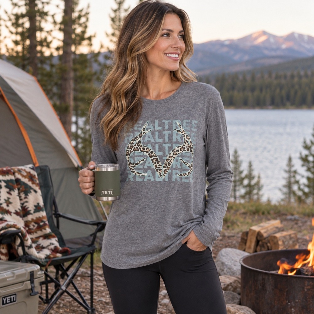 Realtree Womens Gray Leopard Antler Logo Long Sleeve Graphic Tee Shirt Small NEW